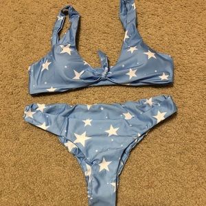 blue star print tie front bikini & bottoms